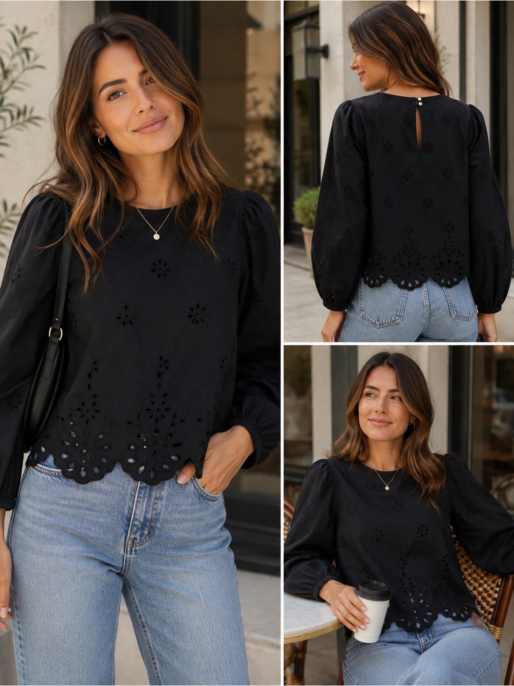 American Eagle Black Eyelet Embroidered Puff Sleeve Cotton Blouse Top XS